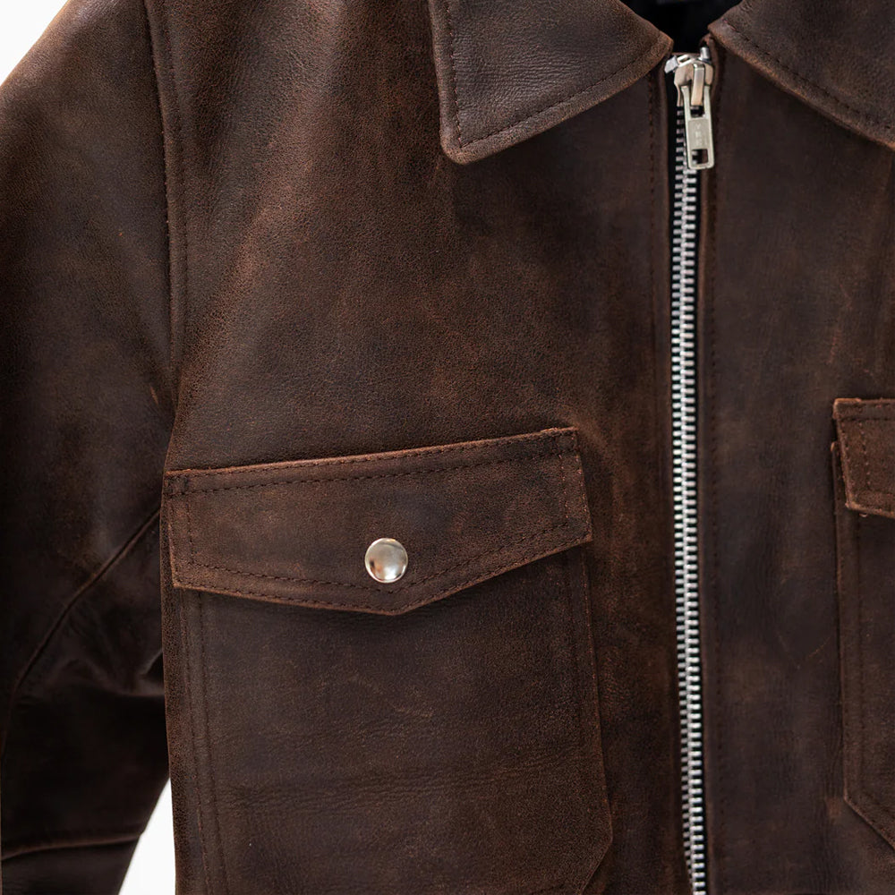 Women Bomber Distressed Brown Oversized Pockets Leather Jacket