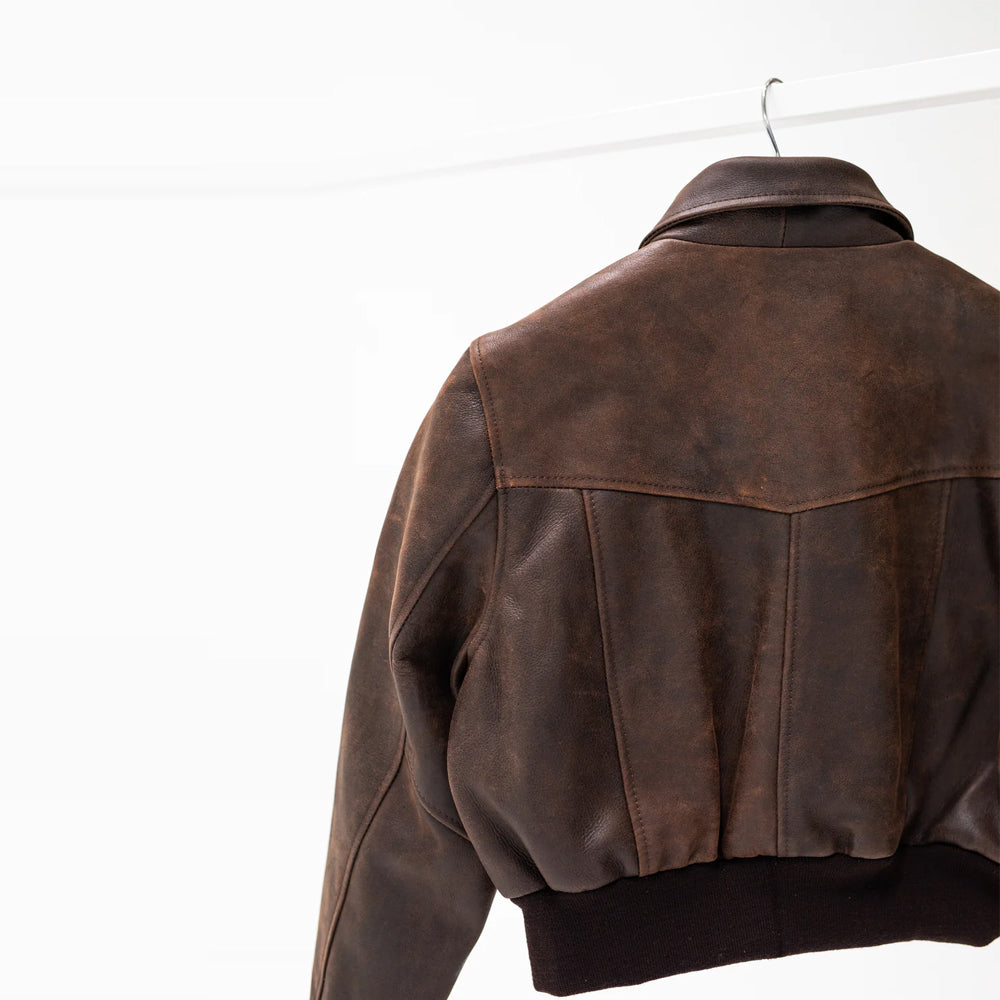 Women Bomber Distressed Brown Oversized Pockets Leather Jacket