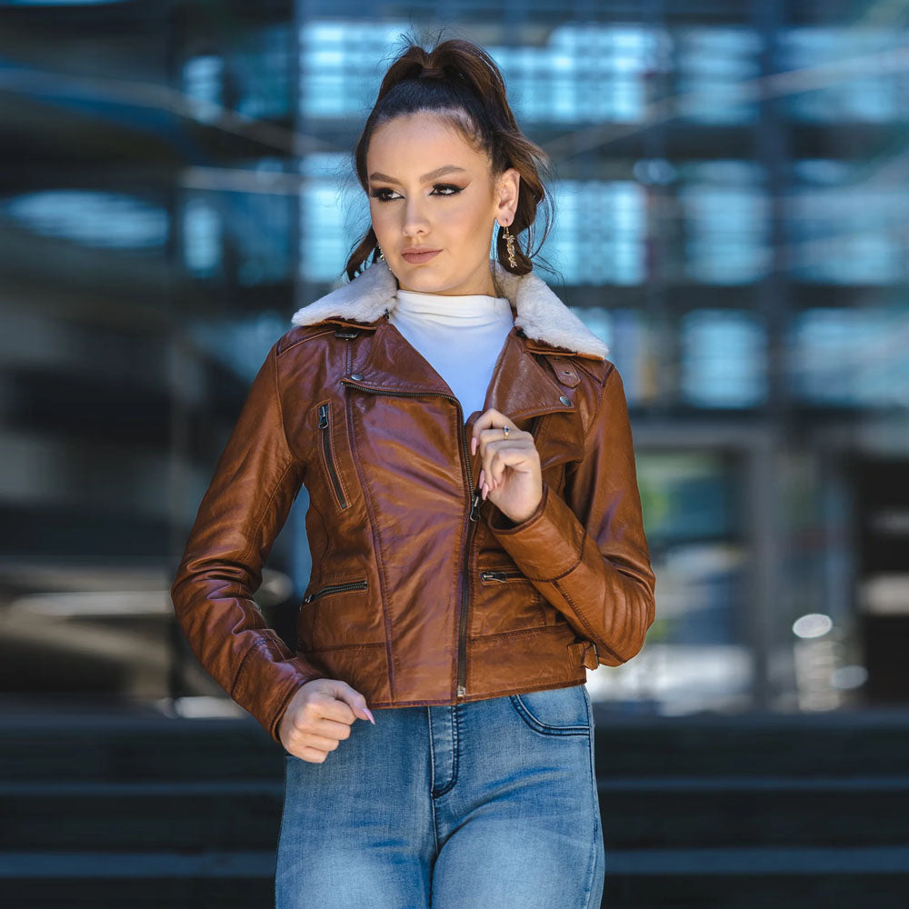 New Women Brown Sheepskin Biker Fur Collar Aviator Motorbike Leather Jacket
