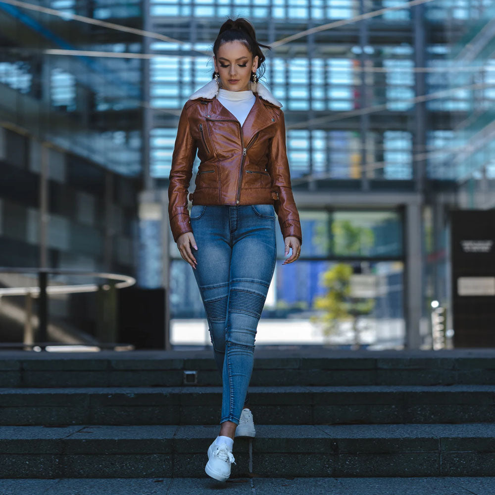 New Women Brown Sheepskin Biker Fur Collar Aviator Motorbike Leather Jacket