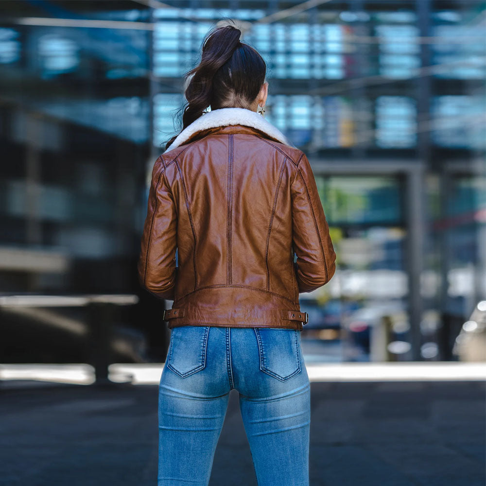New Women Brown Sheepskin Biker Fur Collar Aviator Motorbike Leather Jacket