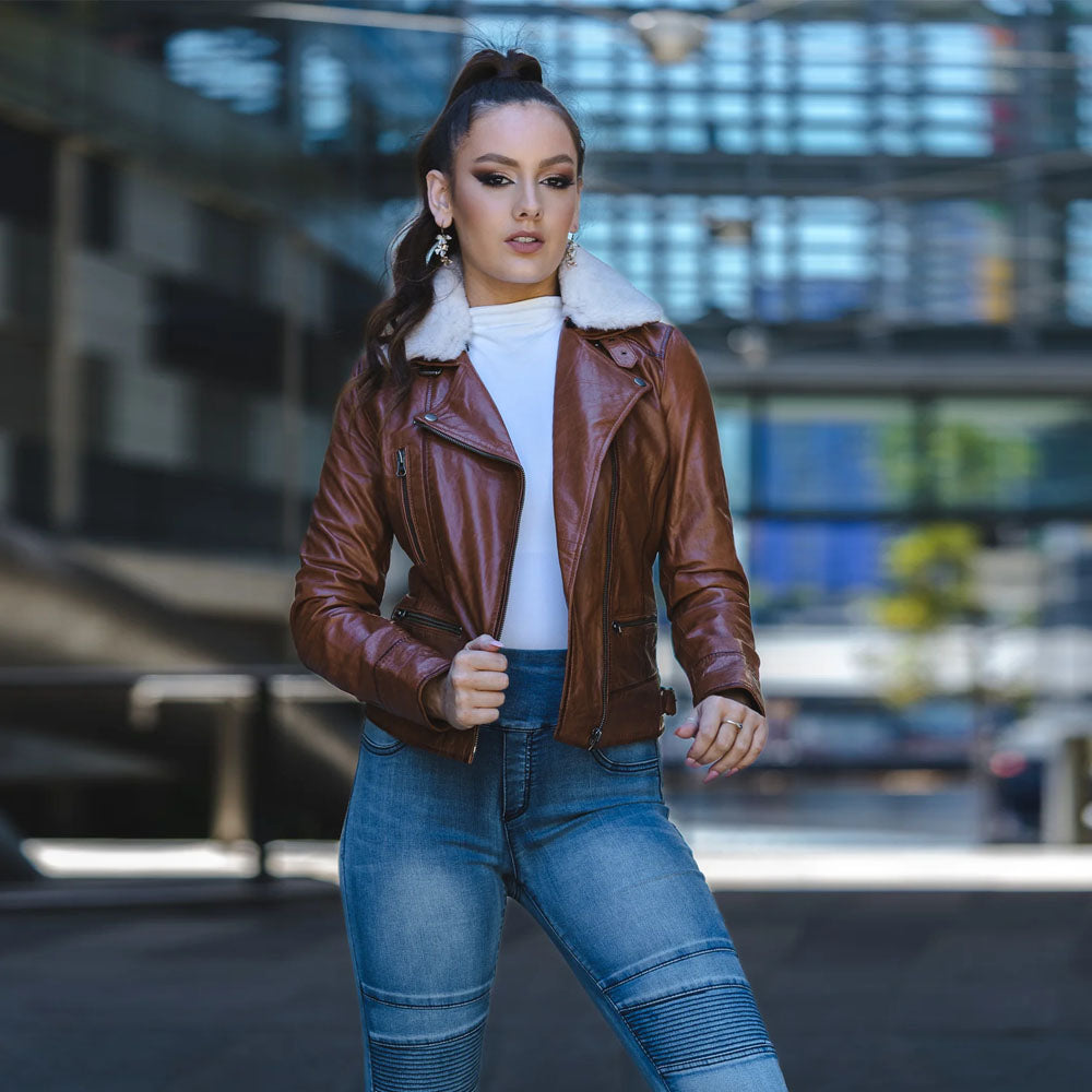 New Women Brown Sheepskin Biker Fur Collar Aviator Motorbike Leather Jacket