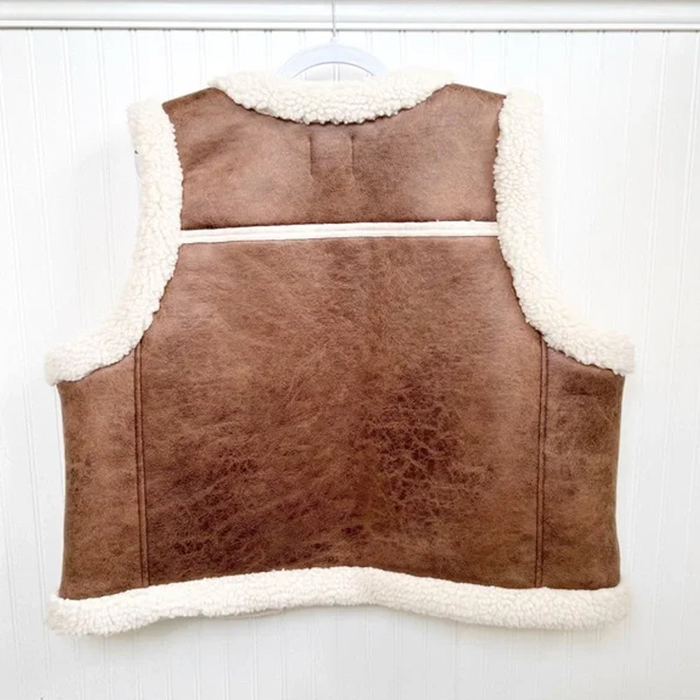 Back view of brown crackle real leather vest with faux shearling detailing