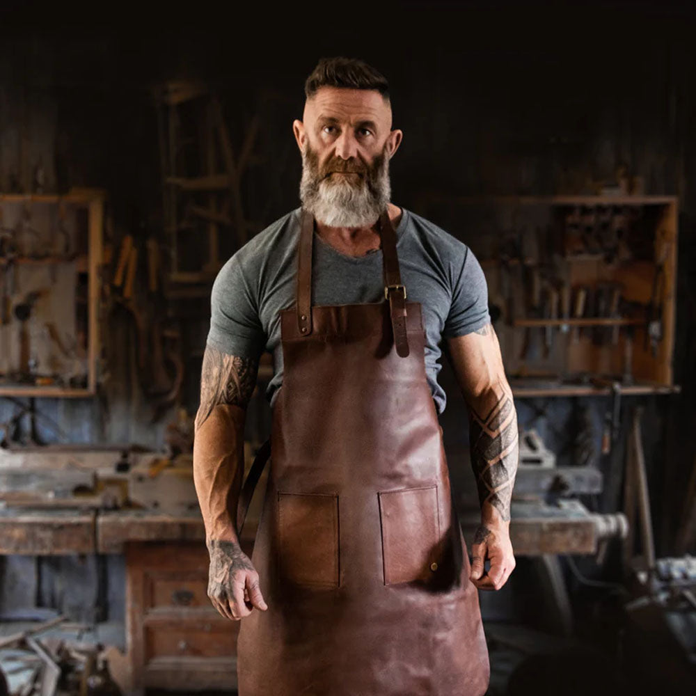 New Men's Brown Double Pocket Leather Apron