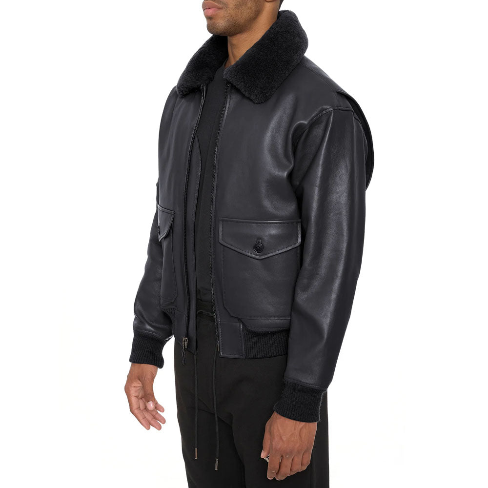 Men's Black Flying Military G-1 Fur Collar Trucker
Airforce Leather Bomber Jacket