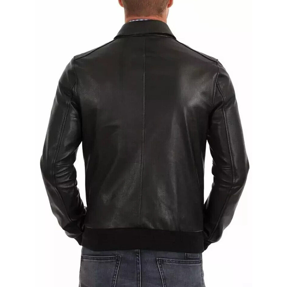 Back view of a man wearing a brown lambskin leather bomber jacket, highlighting the premium leather and timeless bomber style.