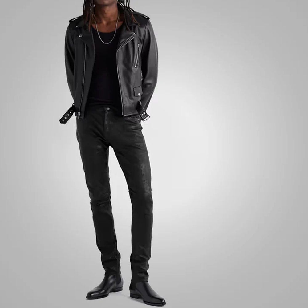 Fashion Black Cowhide Leather Biker Pants