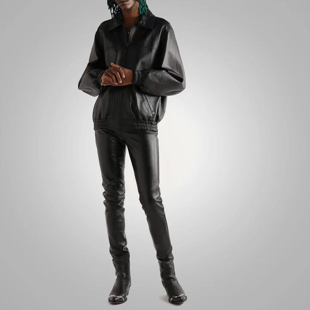 Black Sheepskin Leather Biker Jeans Pants