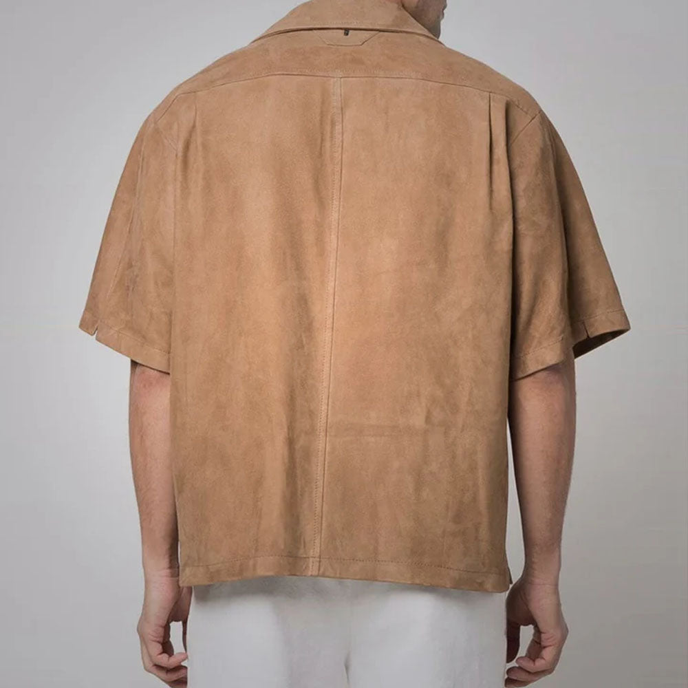 Men's Brown Half Sleeves Suede Leather Shirt