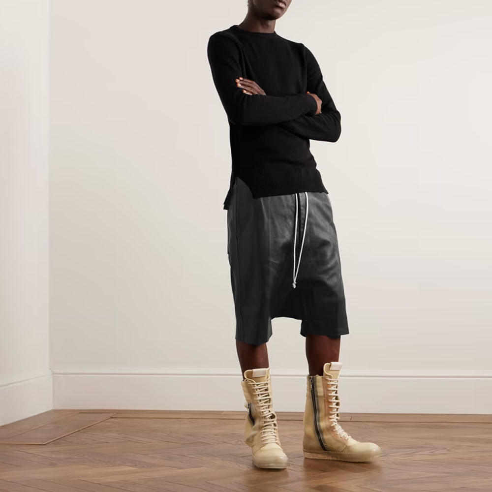 Black Wide-Leg Sheepskin Leather Drawstring Shorts