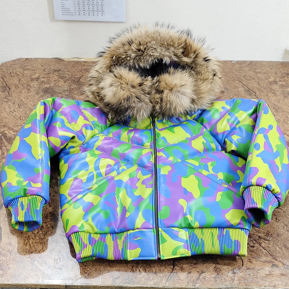 Men's Camo Sheepskin Leather V-Bomber Jacket with real fur hood, YKK zip, and elastic cuffs – stylish and warm outerwear.