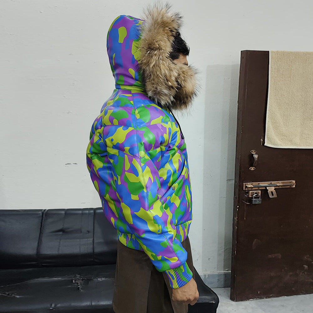 Side view of Men's Camo Sheepskin Leather Jacket, showing the structured fit, removable hood, and premium leather finish.