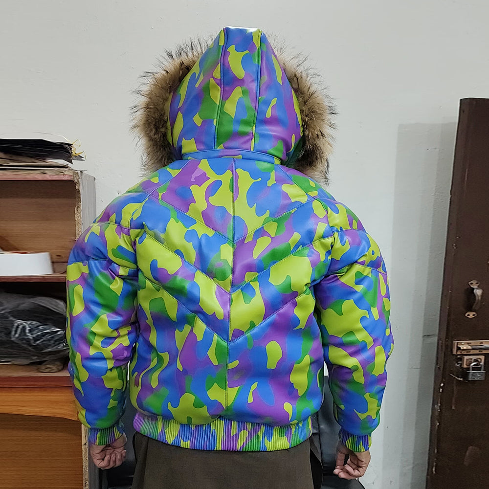 Rear view of Men's Leather V-Bomber Jacket with camo print, showcasing the fur-trimmed hood and tailored fit.