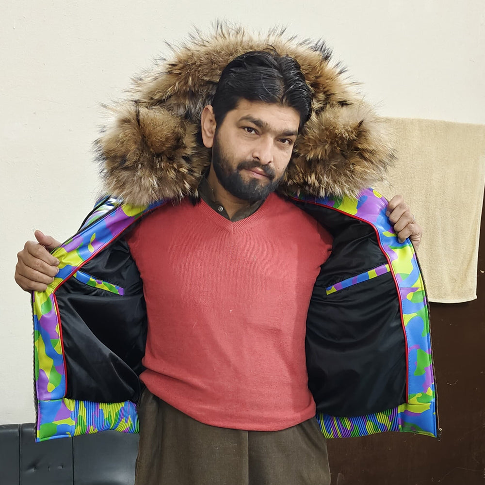 Inside view of the Men's Sheepskin Leather Bomber Jacket, revealing soft polyester lining and spacious inner pockets.