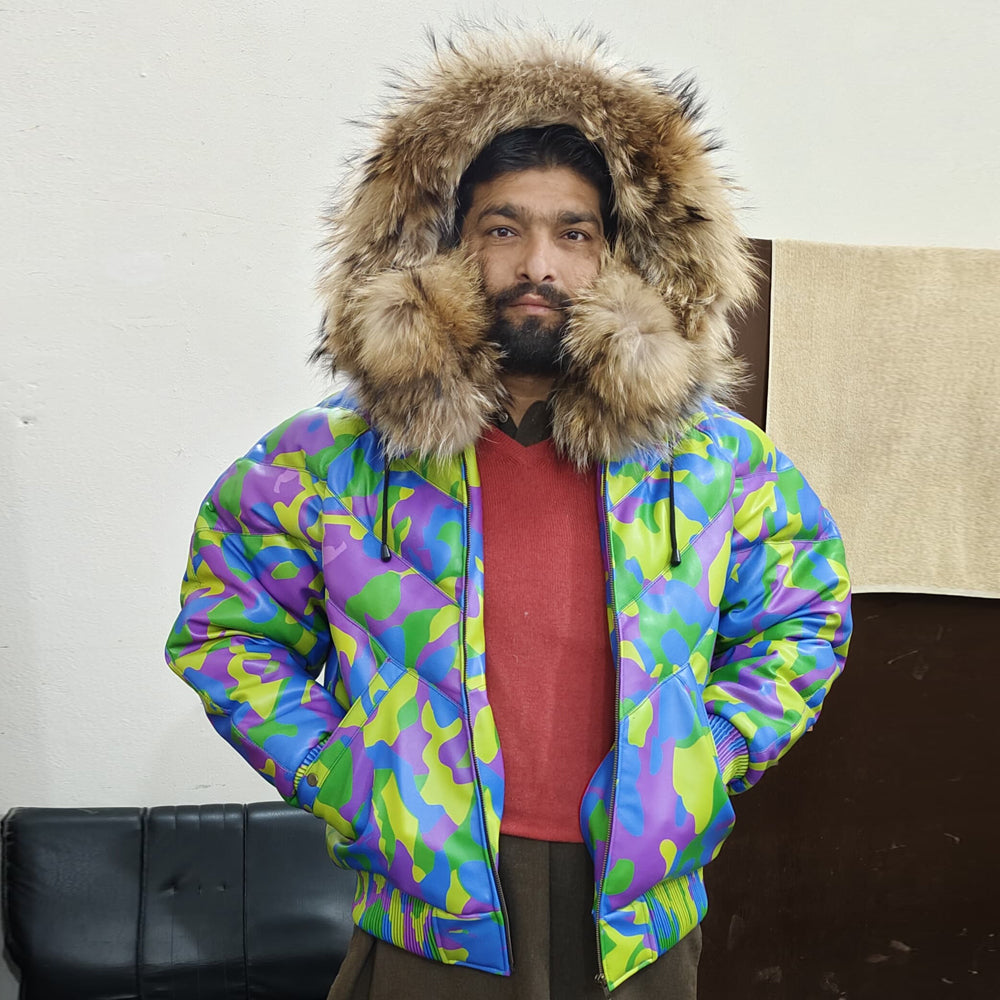 Men's Camo Leather V-Bomber Jacket with front zipper open, displaying the quilted interior and premium craftsmanship.