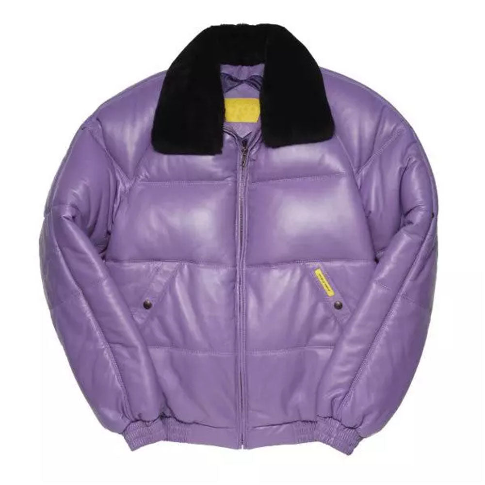New Men's Purple Sheepskin Bubble Leather V Bomber Jacket