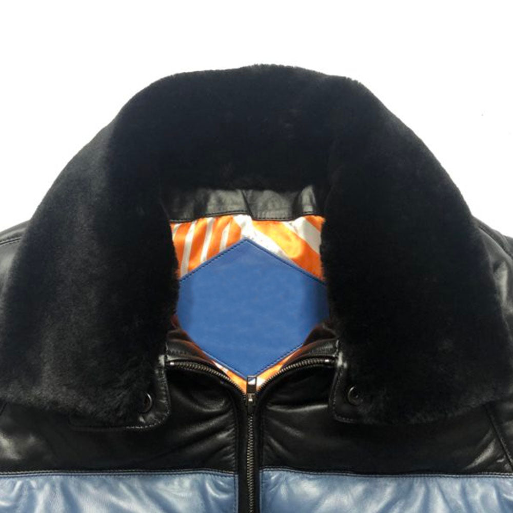 Men's Fur Collar Bubble Sheepskin V Bomber Leather Jacket