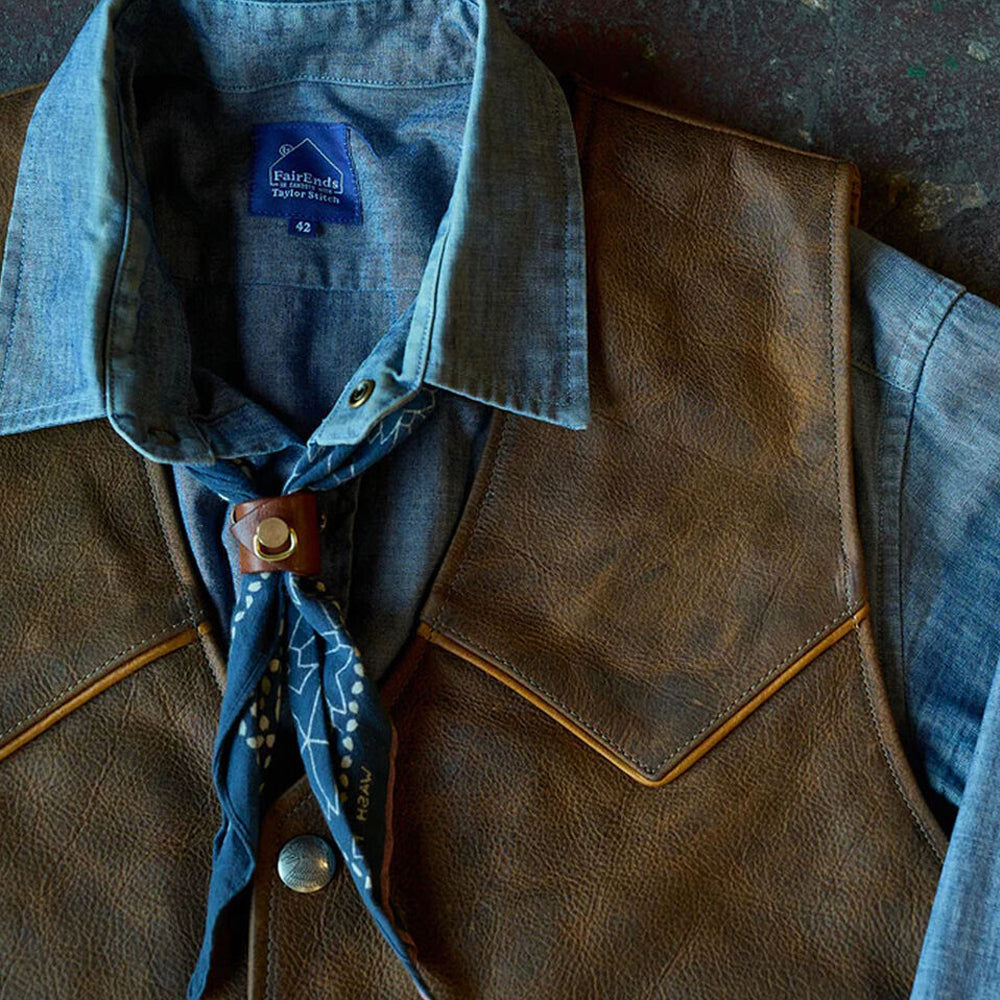 Detailed close-up of the men's genuine leather biker vest, highlighting the button closure and premium leather texture.