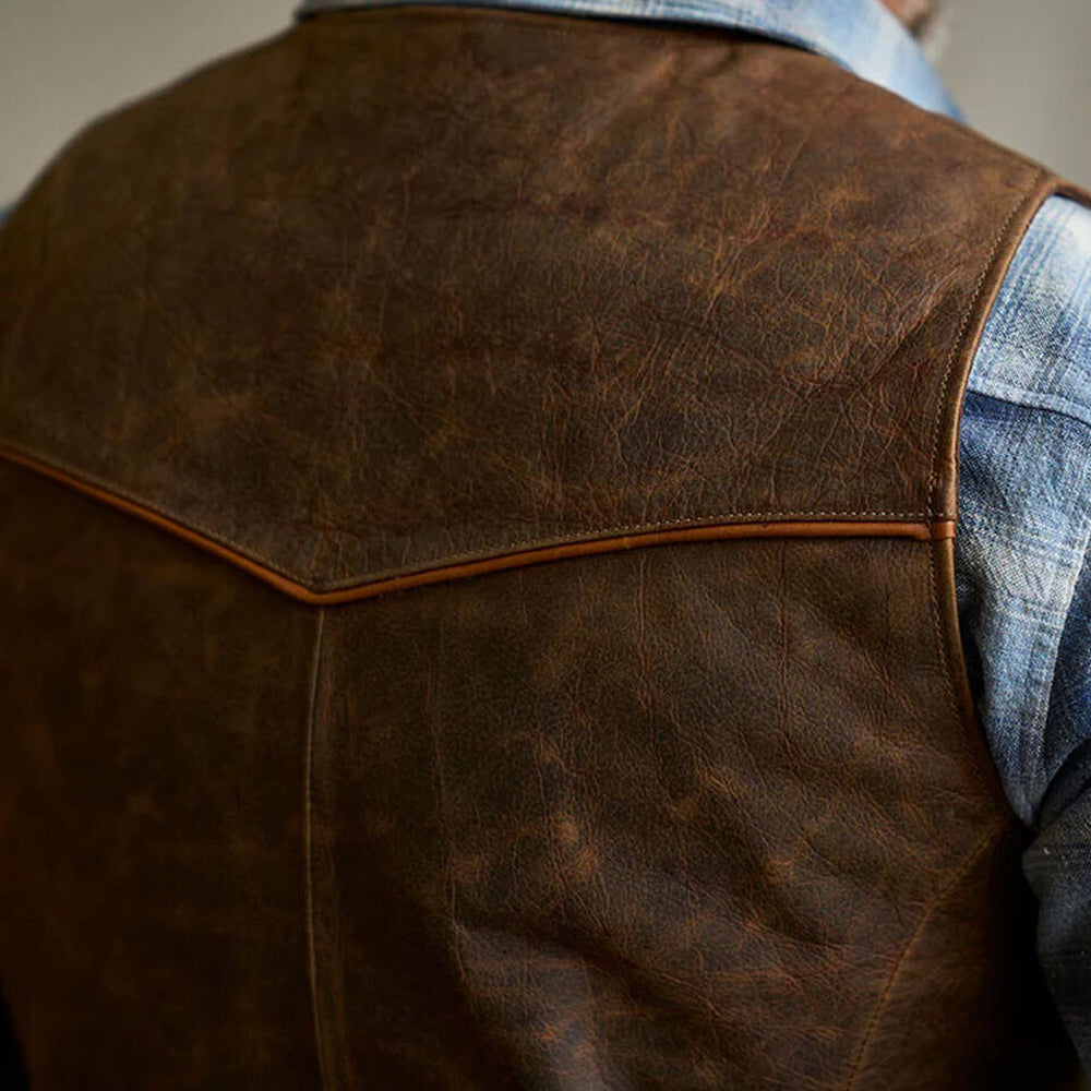 Close-up of the men's leather biker vest showcasing the premium genuine leather and Western Cowboy stitching details.