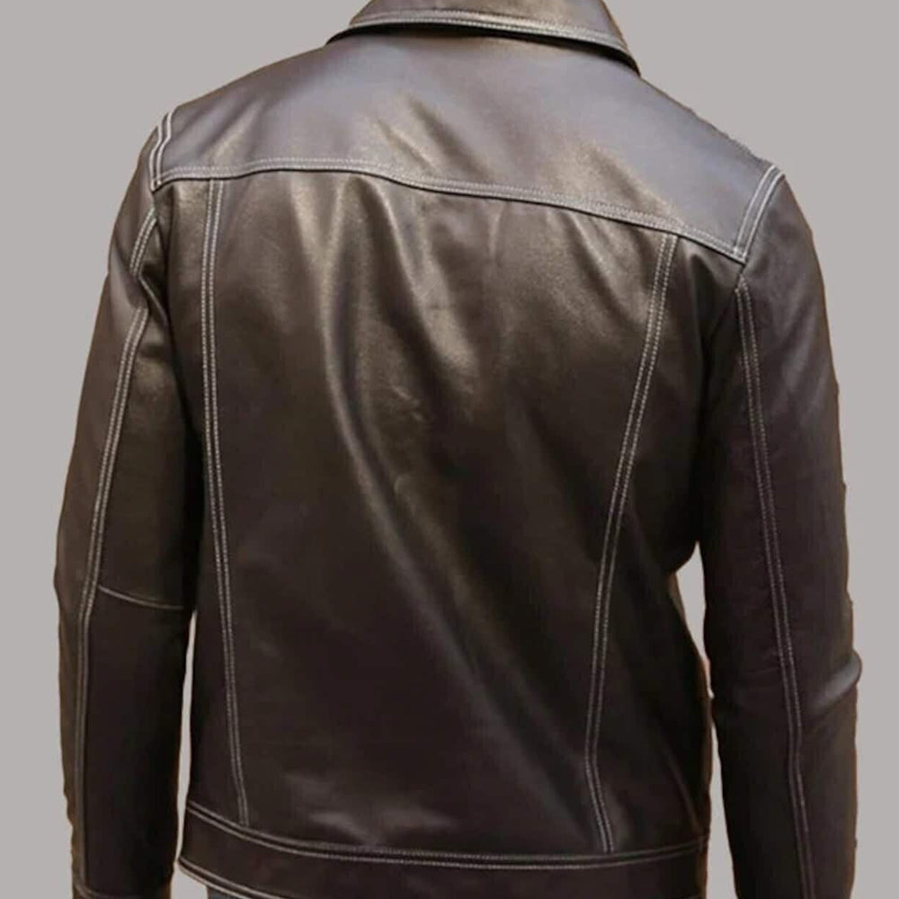 Back view of Men's Brown Sheepskin Leather Trucker Shirt showcasing the clean, solid brown leather design with handcrafted details and a mid-length cut.