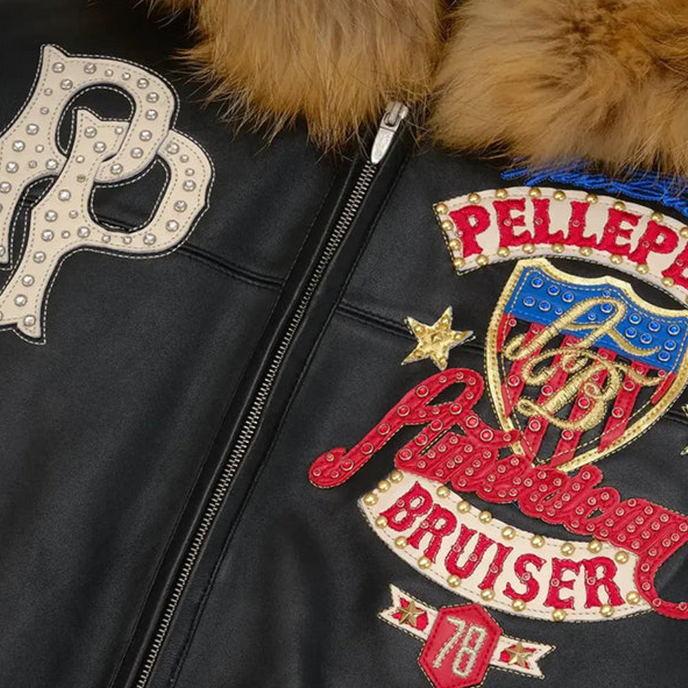 Front Patch Close Up on Men's Pelle Pelle American Bruiser Black Leather Jacket