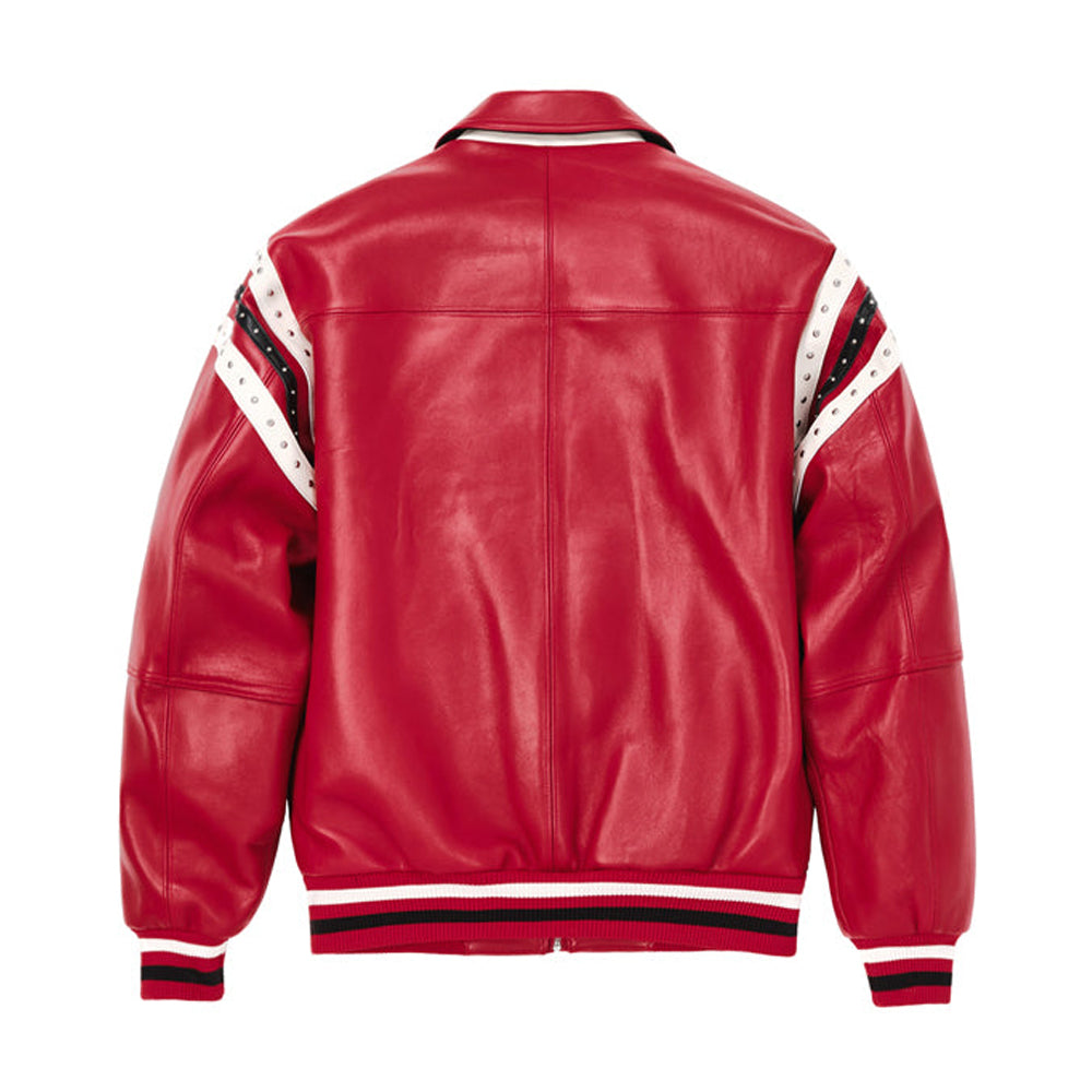 Men’s Pelle Pelle Encrusted Red Leather Varsity Jacket Back View – Red Plush Bomber with Large Embroidered Graphic and Rhinestone Detailing