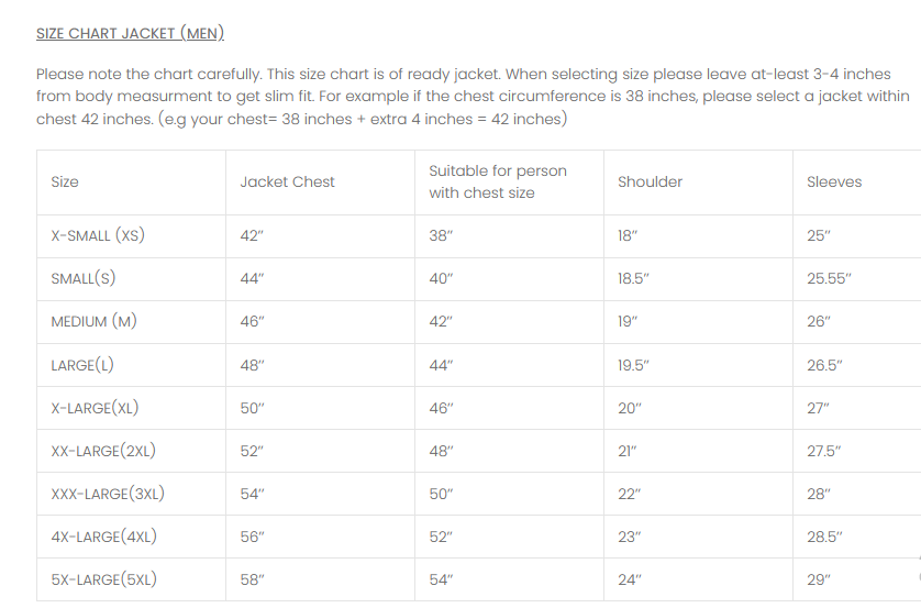 Size chart for men's jackets with measurements in inches.