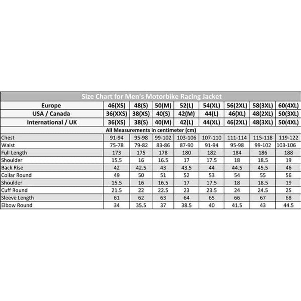 Size chart for men’s Yamaha Racing Cowhide Leather Motorcycle Jacket, showing measurements for chest, waist, sleeves, and overall fit.