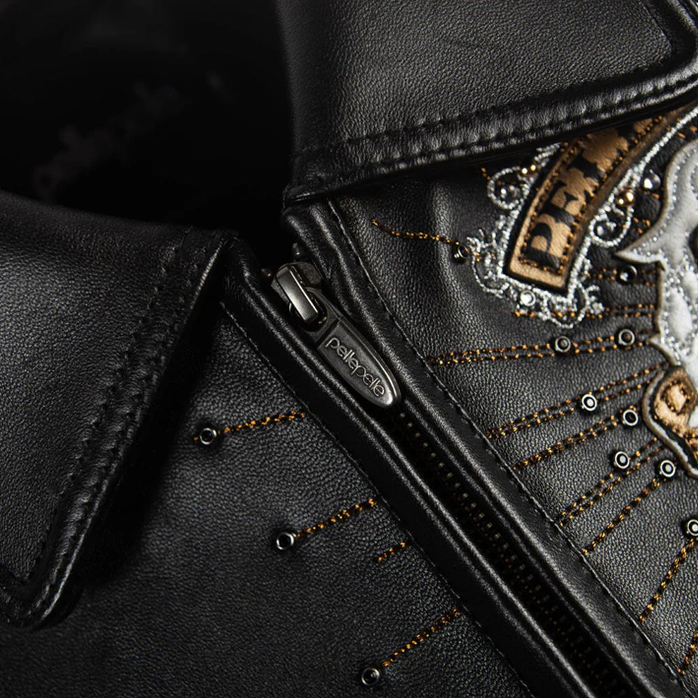 Pelle Pelle custom branded front zipper close up on genuine leather jacket