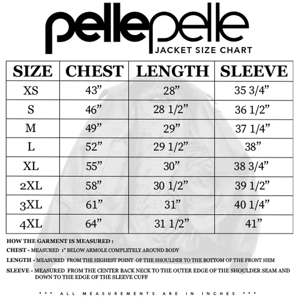 Pelle Pelle leather jacket size chart showing measurements for men’s jackets
