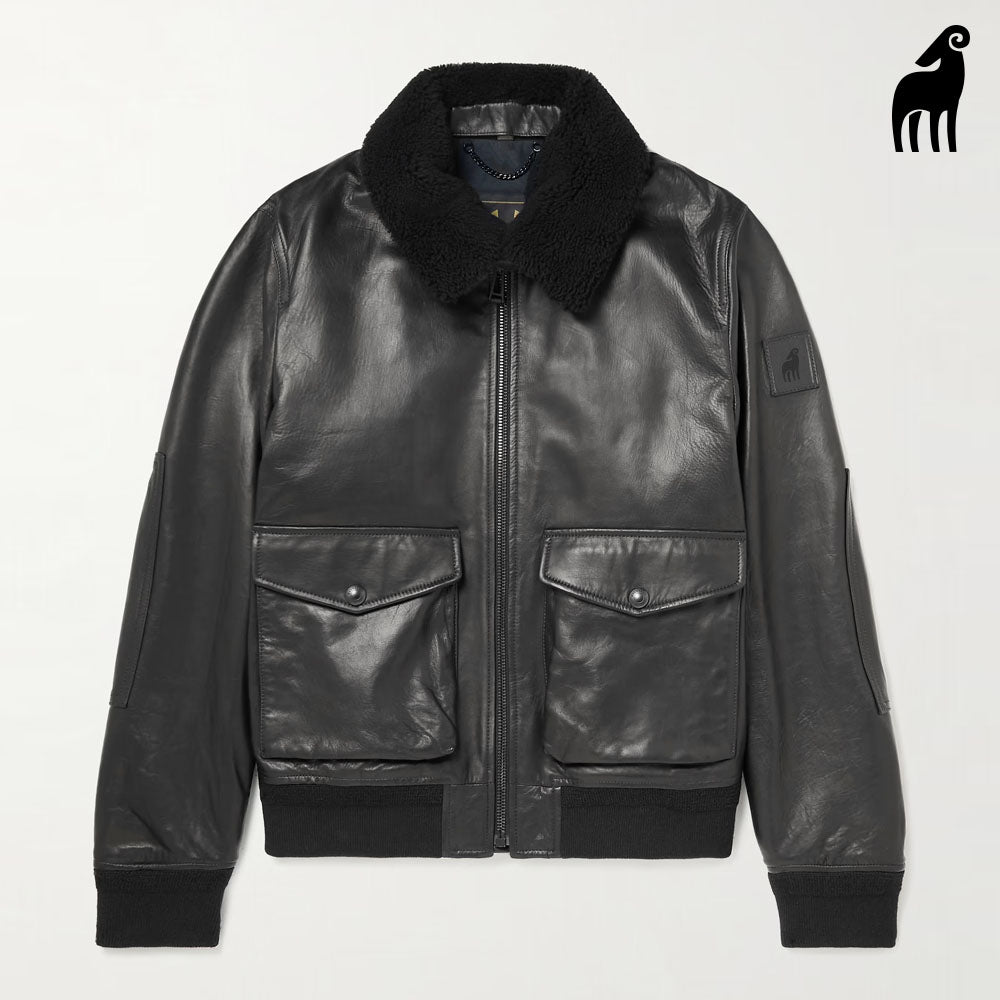 New Men Black Trucker Sheepskin Bomber Fur Shearling Leather Jacket