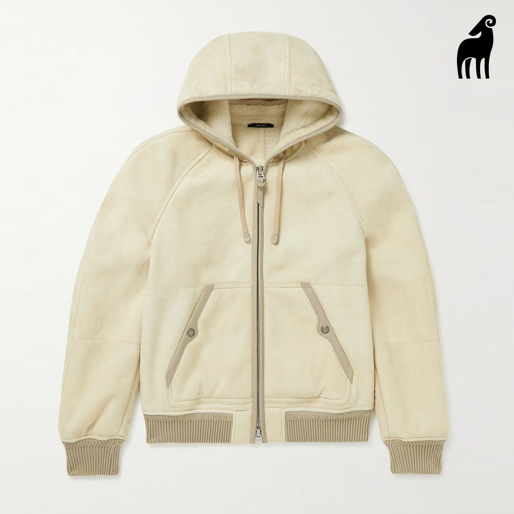 New men cream shearling leather-Trimmed bomber jacket with hooded