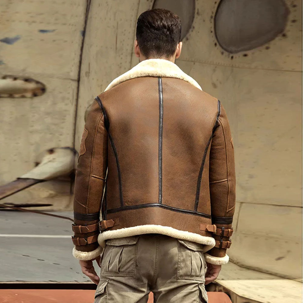 New Men's Brown Airforce B3 Sheepskin Aviator Shearling Leather Jacket