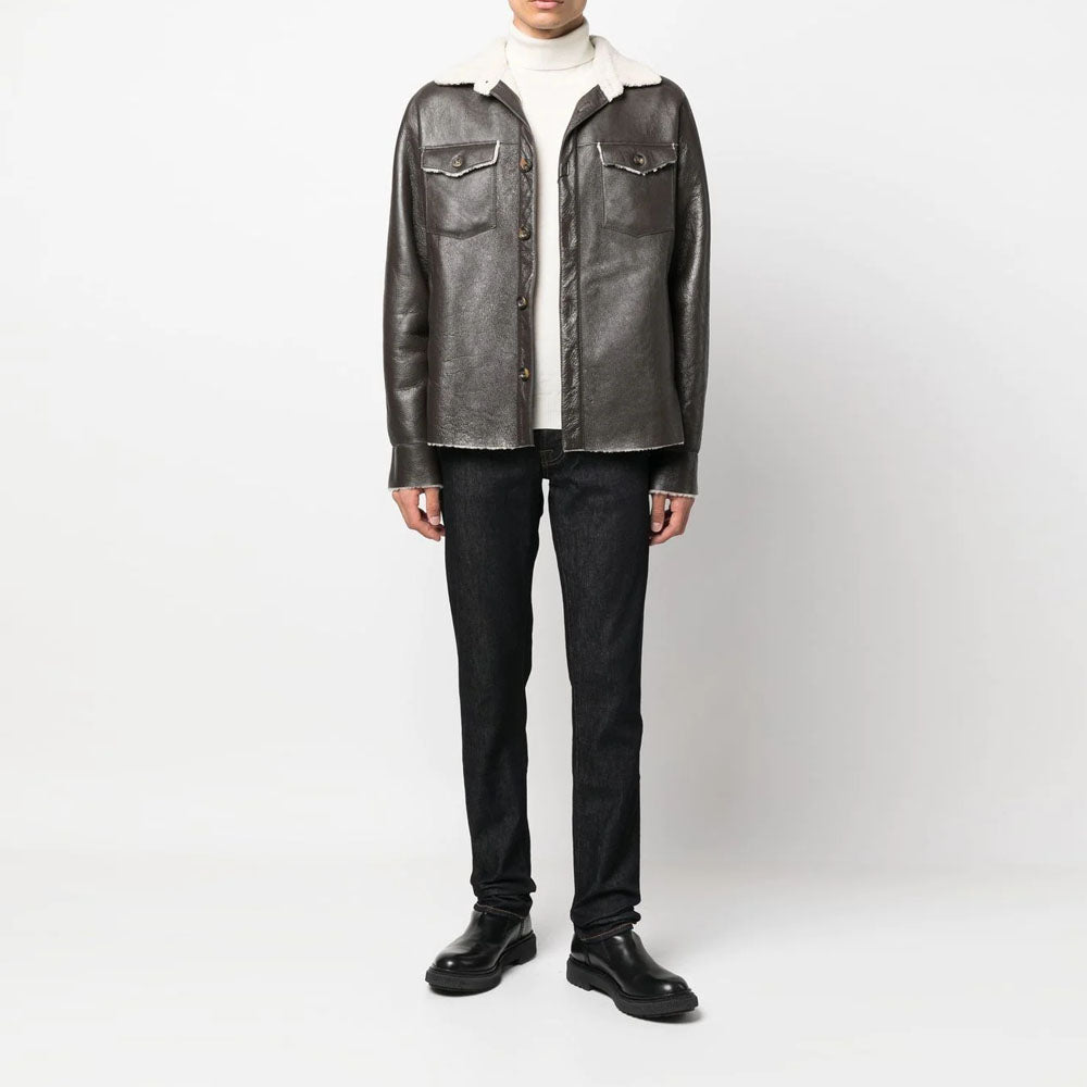 Dark Brown Trucker Sheepskin Shearling Collar Shirt Style Leather Jacket