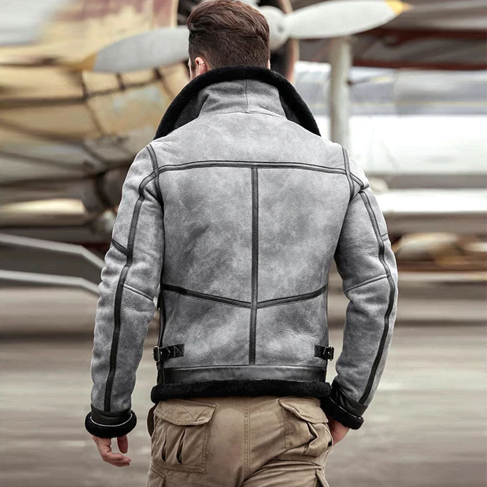Men's Grey Airforce Sheepskin RAF Pilot Shearling Aviator Leather Jacket