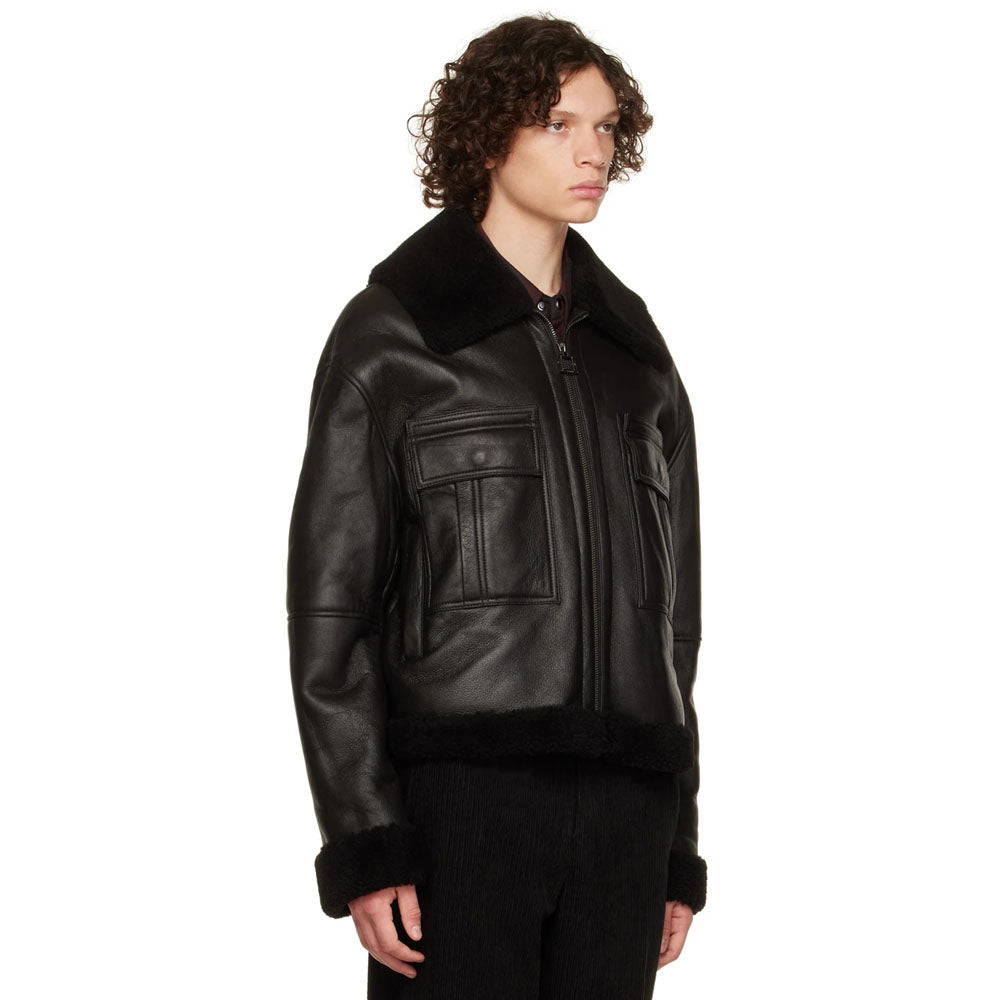 New Men Black Sheepskin Flight Shearling Leather Jacket