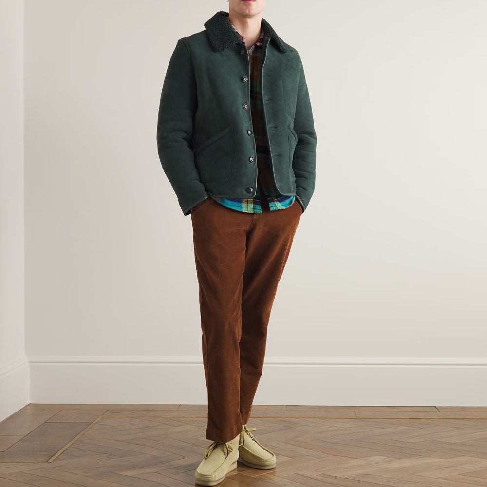 New Men Green Shearling Collar Trimmed Suede Leather Jacket