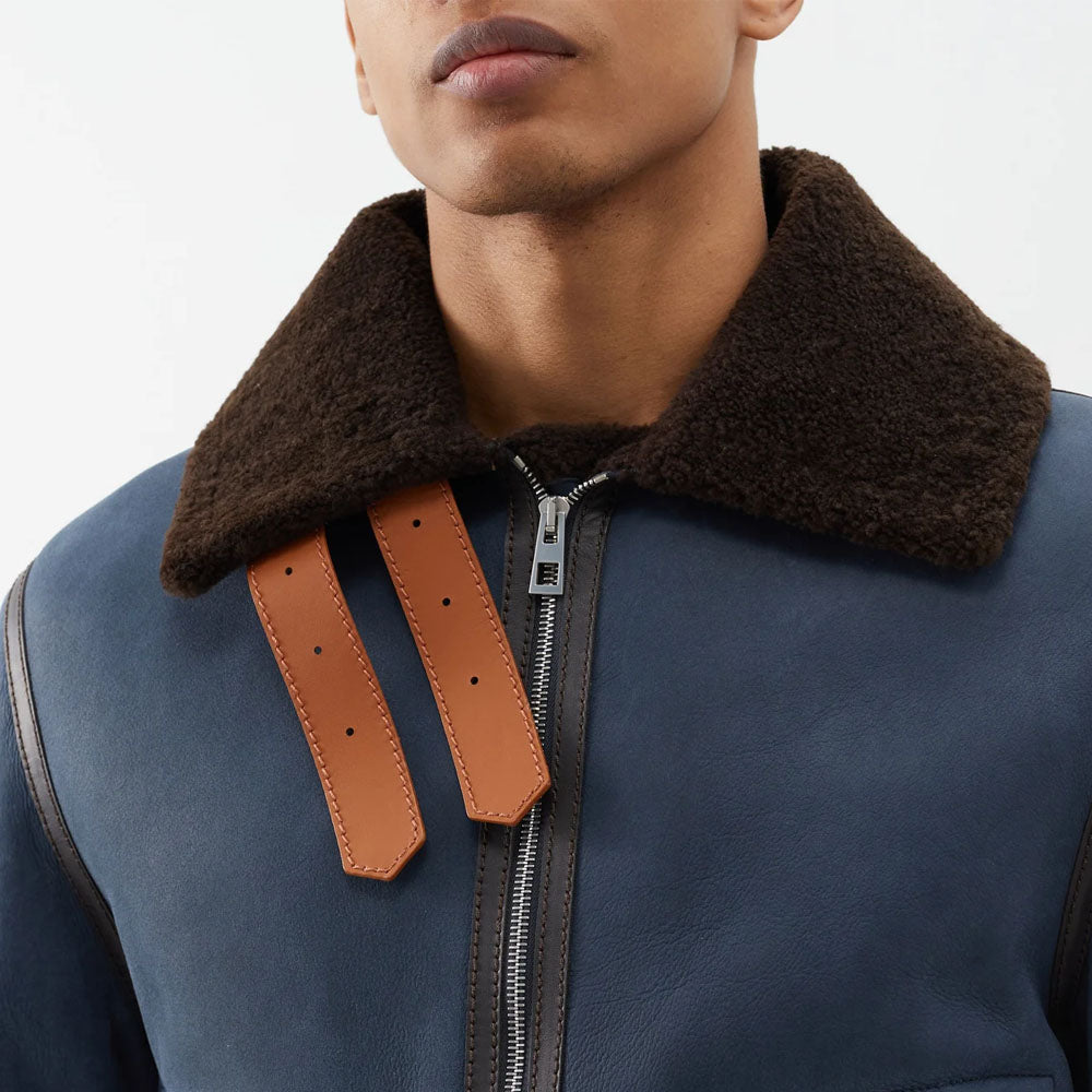 Men Blue B3 Pilot Aviator Sheepskin Flight Shearling Lined Leather Jacket