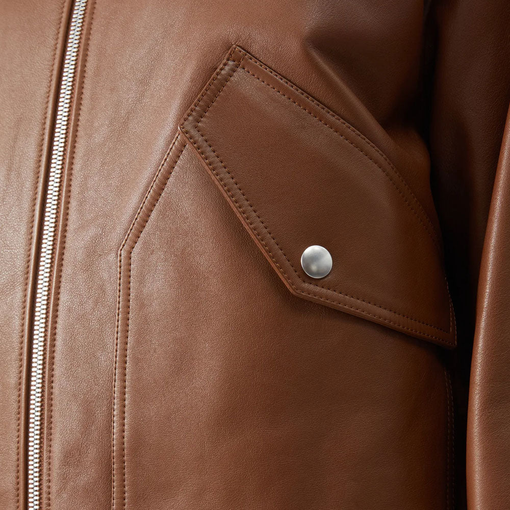 New Men Brown Bomber Trucker Aviator Shearling Collar Leather Jacket