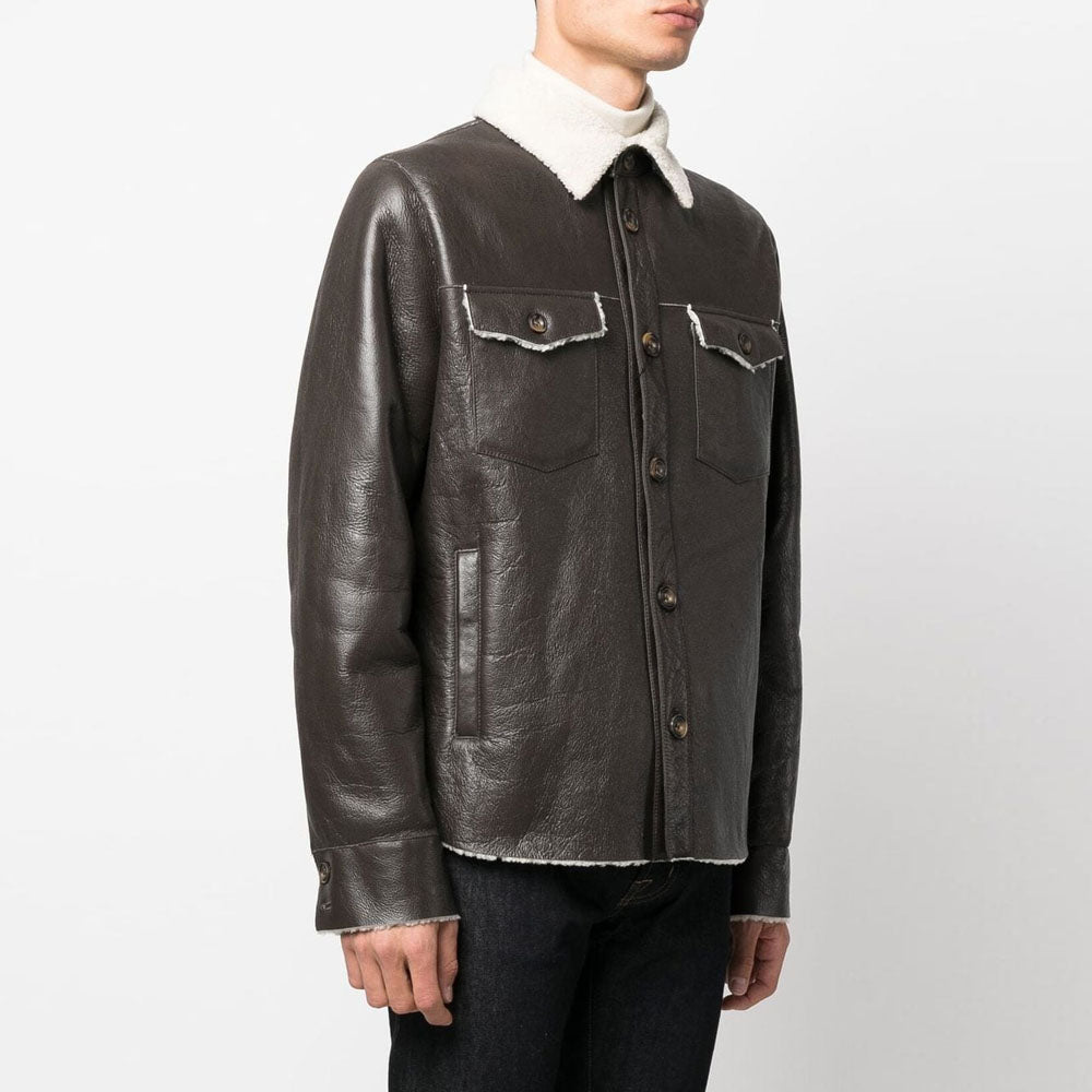 Dark Brown Trucker Sheepskin Shearling Collar Shirt Style Leather Jacket