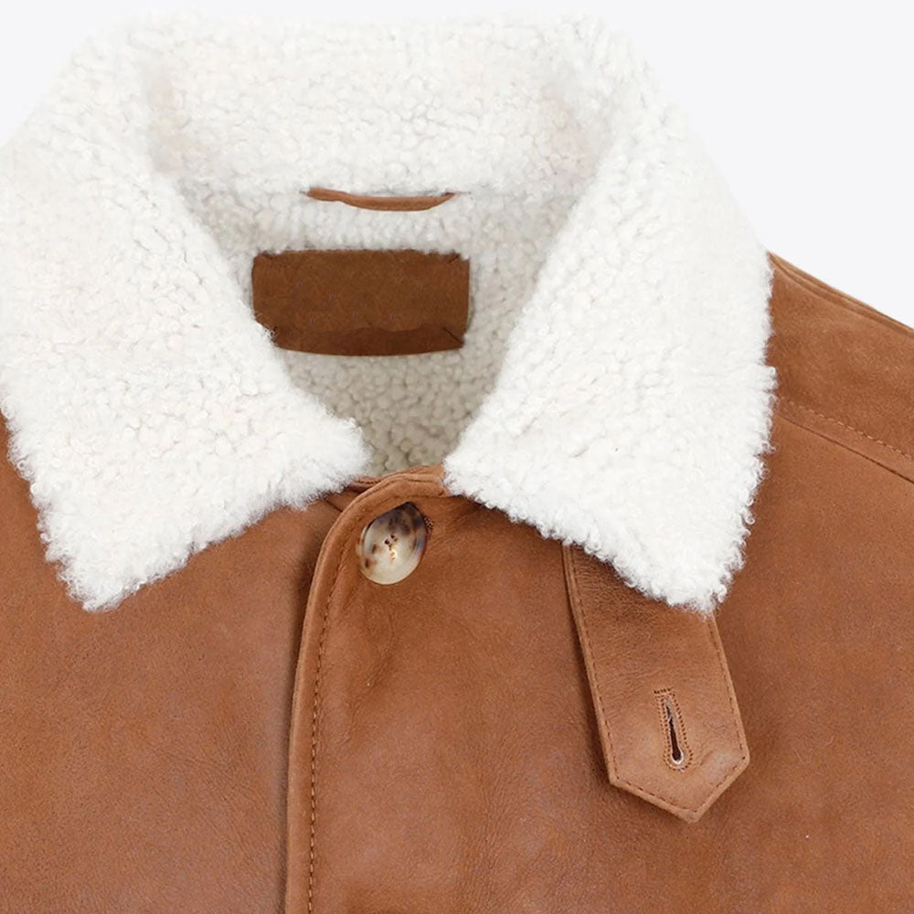 Men's Brown Shearling Trucker Bomber Aviator Leather Jacket