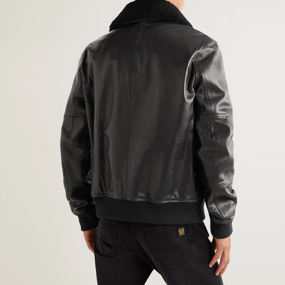 New Men Black Trucker Sheepskin Bomber Fur Shearling Leather Jacket
