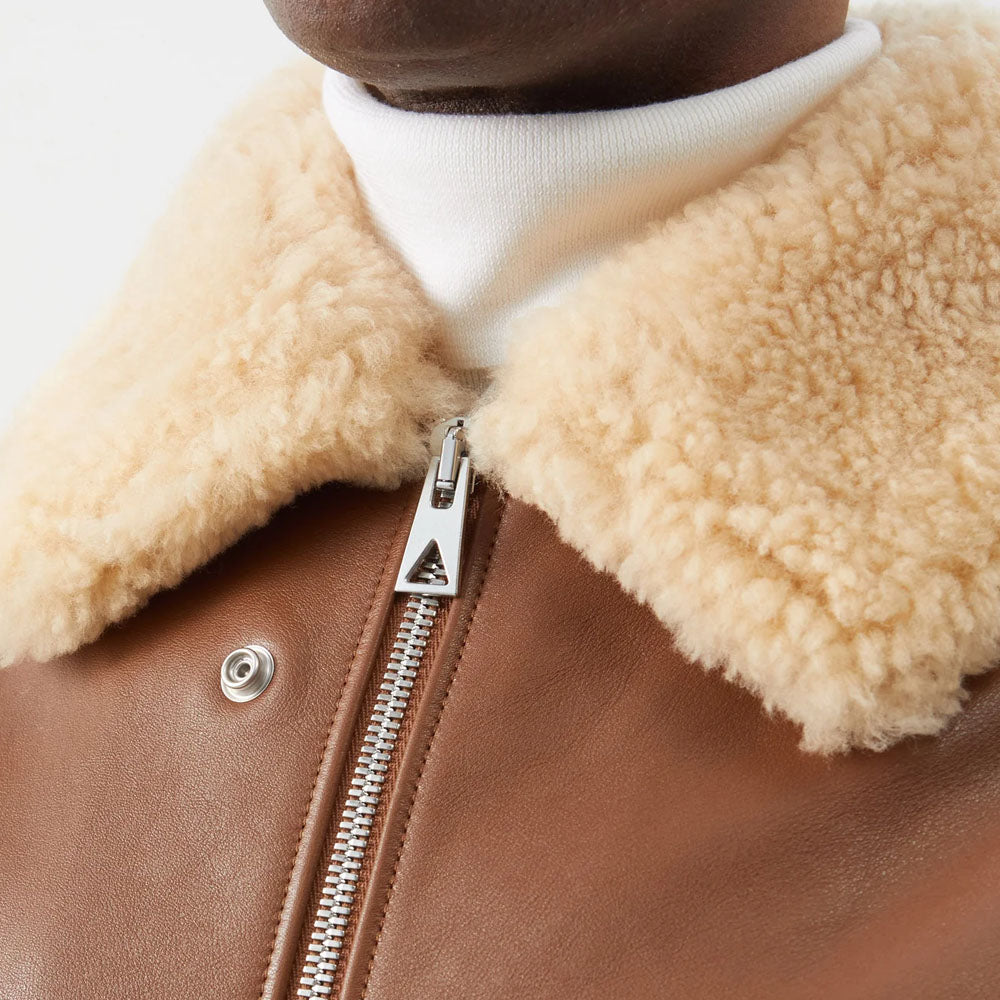 New Men Brown Bomber Trucker Aviator Shearling Collar Leather Jacket
