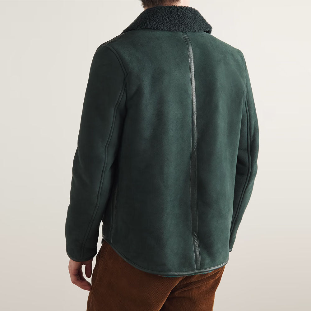 New Men Green Shearling Collar Trimmed Suede Leather Jacket