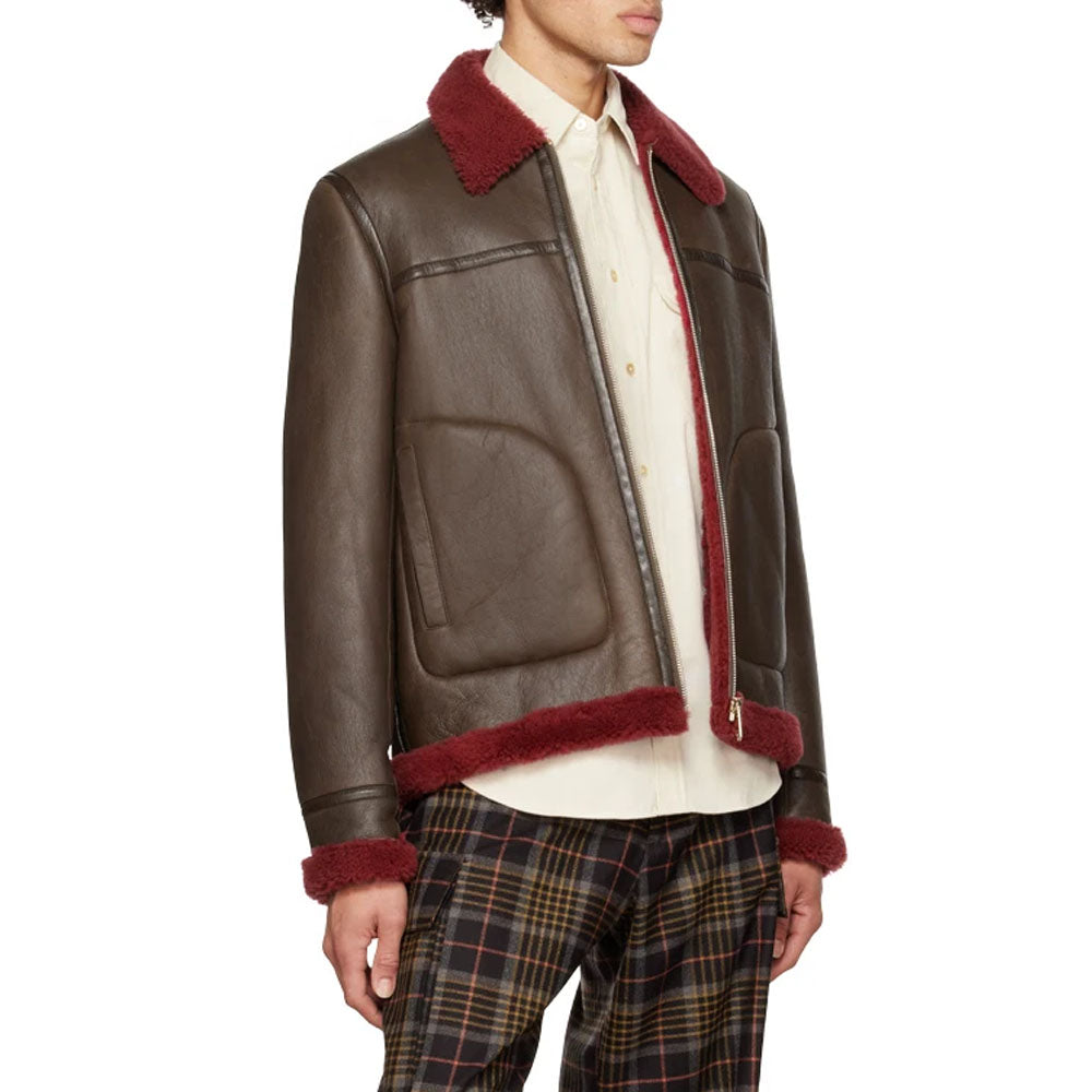 Men Brown Aviator Sheepskin Shearling Leather Jacket