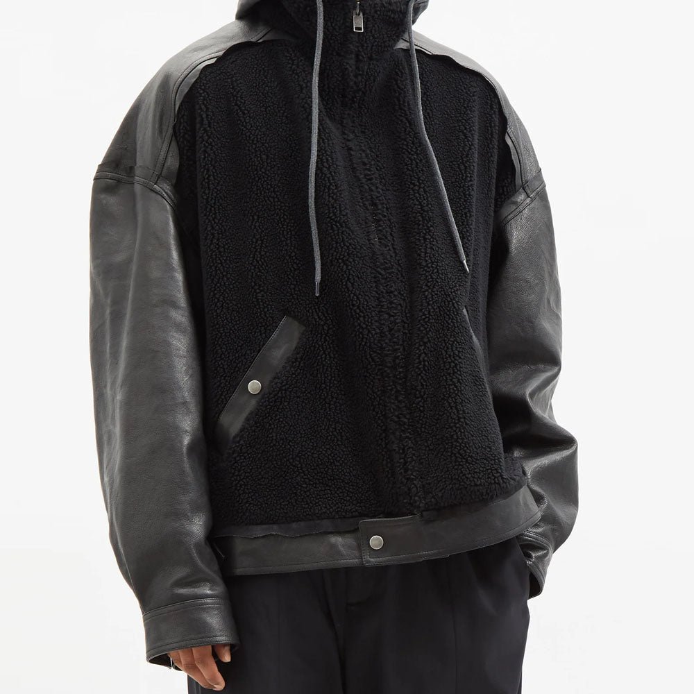 New Men Black Shearling And Leather Jacket With Hooded