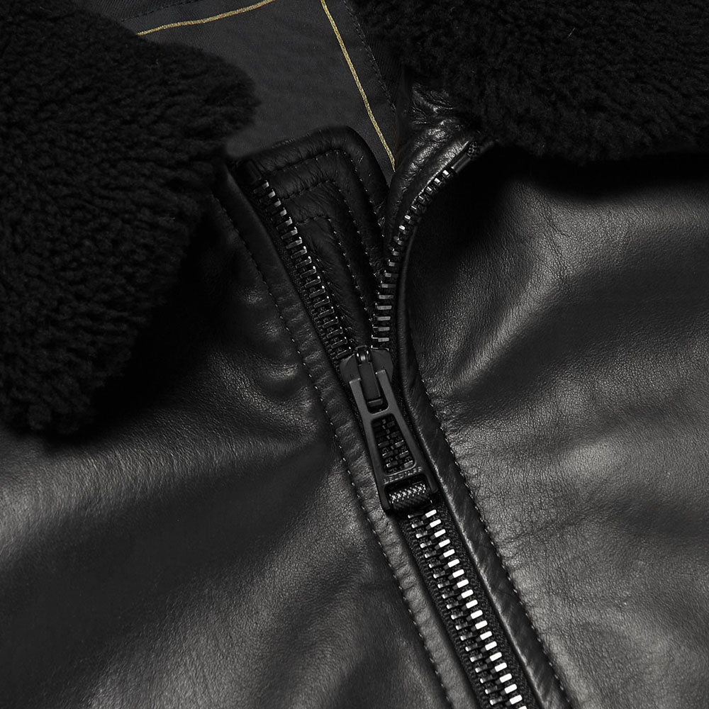 New Men Black Trucker Sheepskin Bomber Fur Shearling Leather Jacket