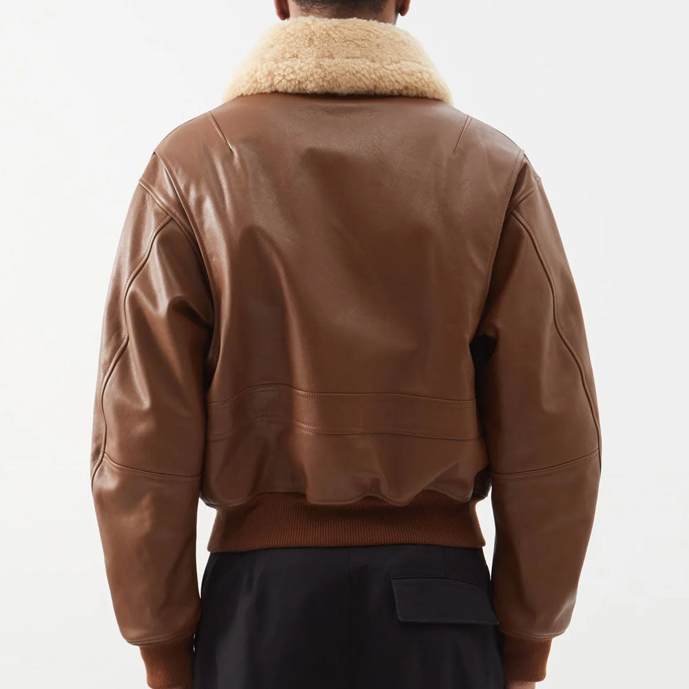 New Men Brown Bomber Trucker Aviator Shearling Collar Leather Jacket