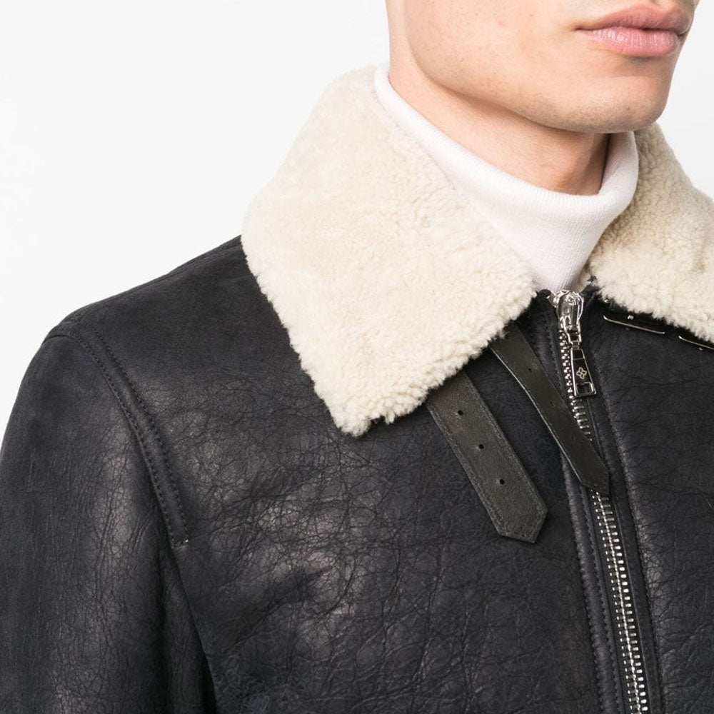 New Men Black B3 Aviator Sheepskin Long sleeve Shearling Leather Jacket