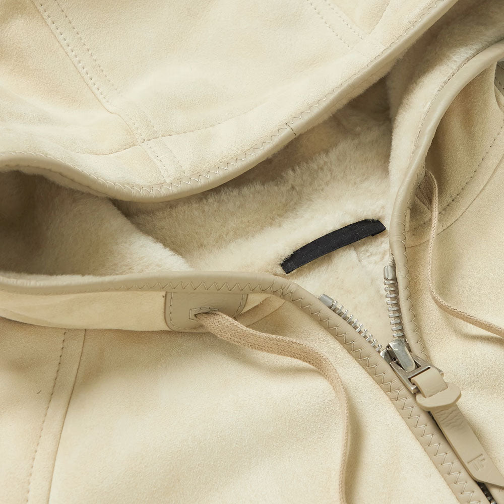 New men cream shearling leather-Trimmed bomber jacket with hooded